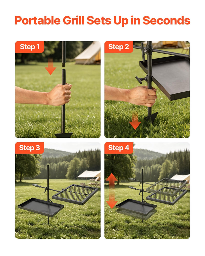 Heavy Duty Swivel Campfire Grill, Double Layer Portable Camping Grill Grate & Griddle, Sturdy Steel BBQ Mesh, 360°