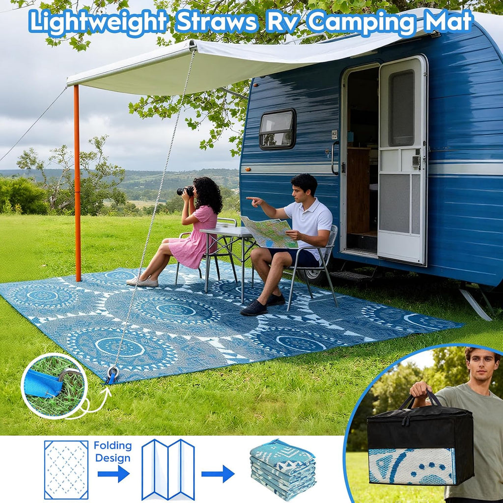 Outdoor Patio Rug - Waterproof Reversible Plastic Straw Mat, UV Resistant & Easy Clean, Foldable Camping Carpet