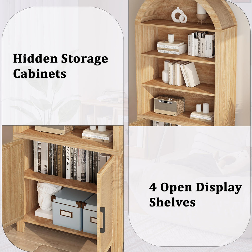 71" Tall Boho Rattan Arched Bookcase with Doors, Natural