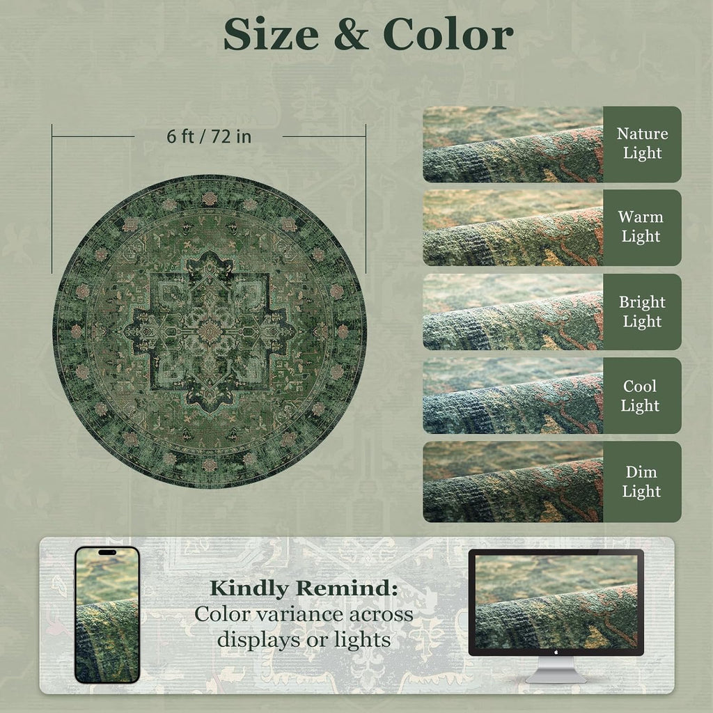 Green Round Rugs 6ft, Washable Non Slip Low Pile Thin 6 Feet Circle Rug Table Kitchen, Vintage Medallion 6x6 Round