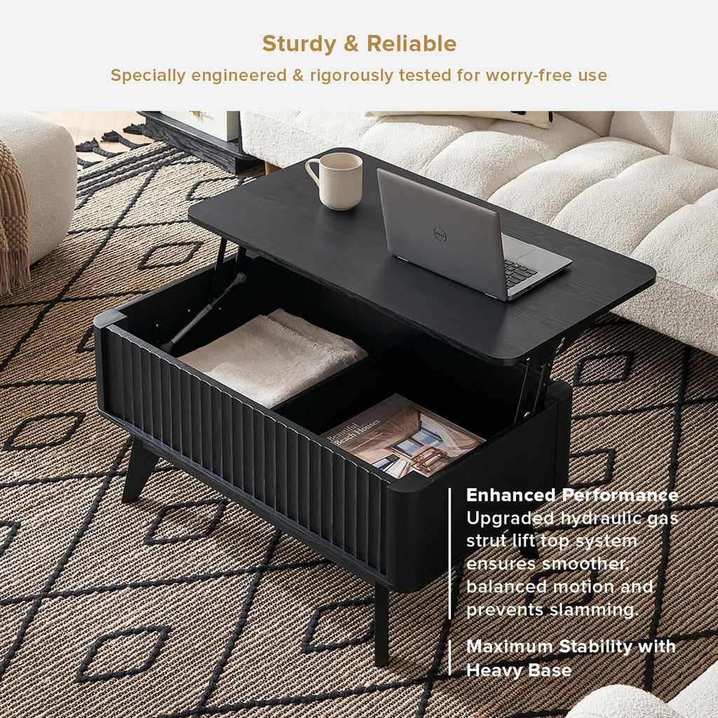 Brooklyn Lift Top Coffee Table, Dining Table, Fluted (Black Oak)