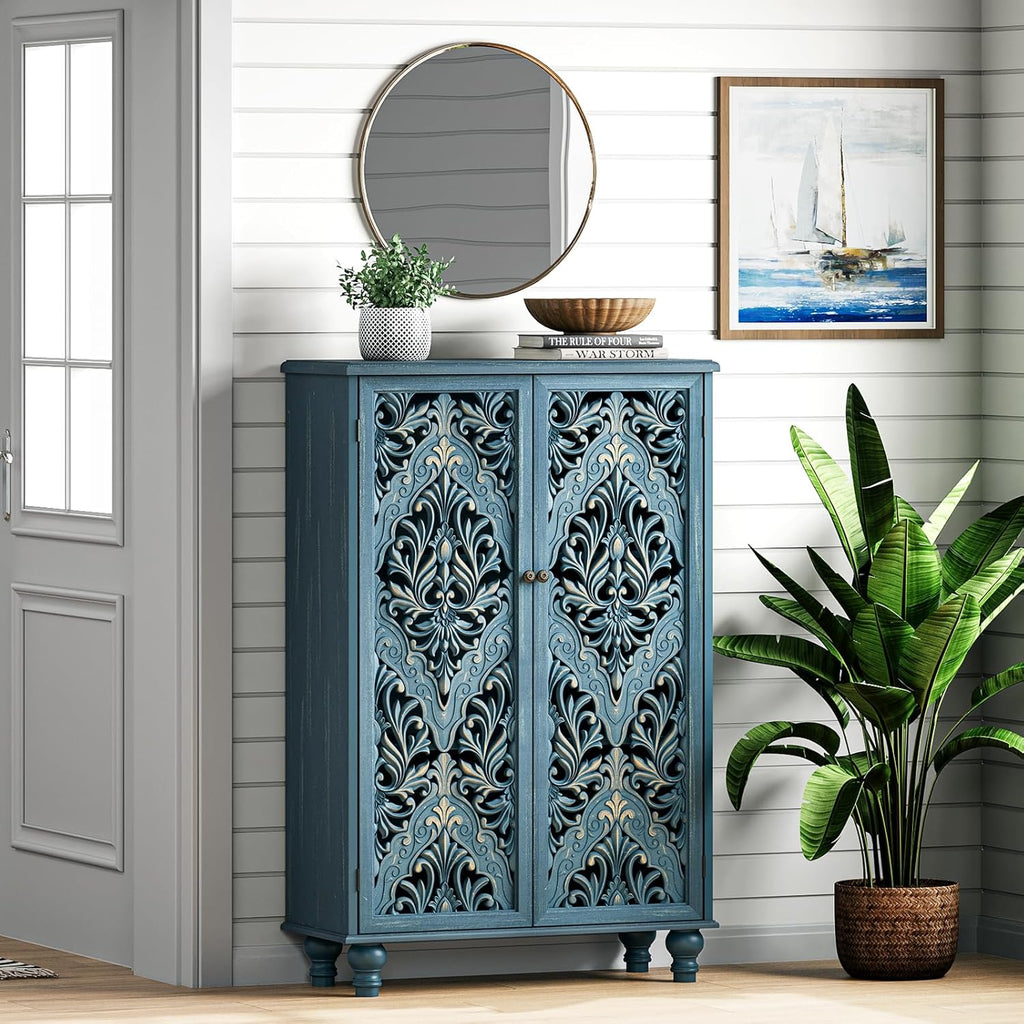 Buffet Sideboard Cabinet with Hand-Carved Doors, 47" Tall Accent Cabinet , Vintage Wood Storage Cabinet with Shelves