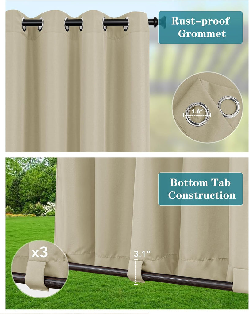 Windproof Outdoor Curtains Waterproof 4 Pcs 54x84 In Cream | Grommet Top and Tab Bottom Outside Drapes,Weatherproof