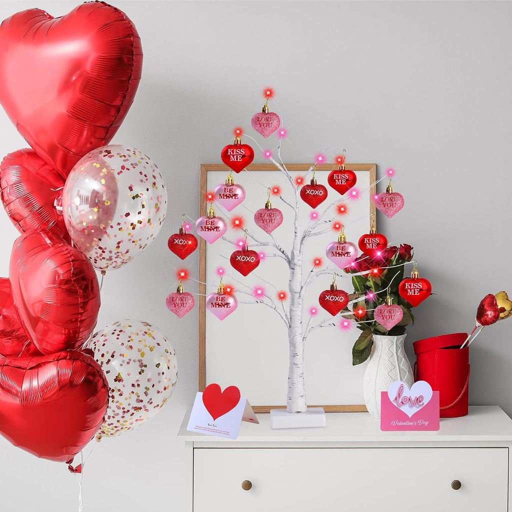 Birch Trees with Heart Ornaments 24'' Artificial Heart Table Tree Valentines Day Decorations with Cards Tree - Set of 2