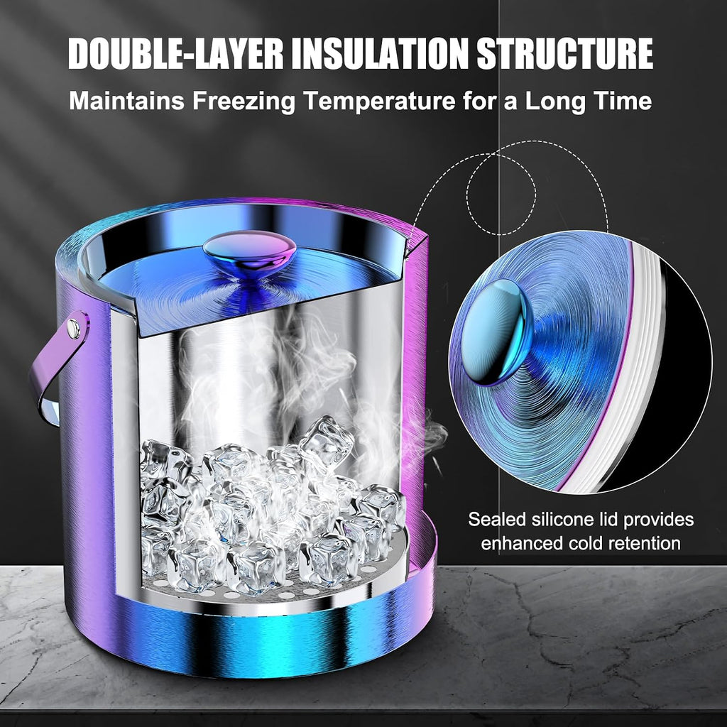 Ice Bucket with Lid, Scoop, Tongs, and Strainer, 3 L Stainless Steel Double Wall Insulated Ice Bucket for Parties