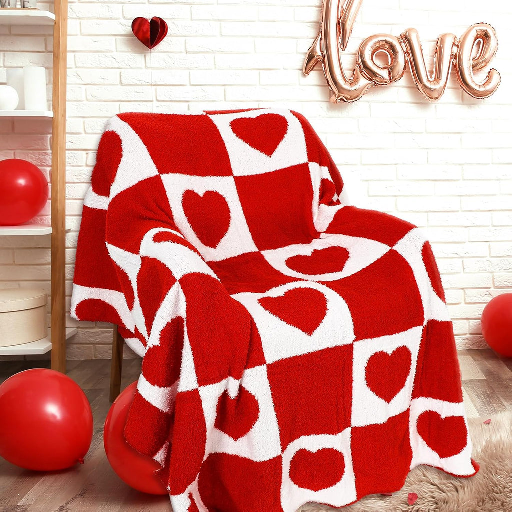 Valentine's Day Knit Throw Blanket 50 x 60 Inch Reversible Pink Red White Checkered Love Heart Plush Flannel Blankets