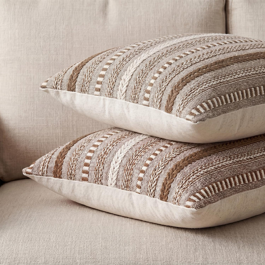 Light Brown Boho Decorative Throw Pillow Covers Set of 2, 20 x 20 Inch Woven Stripe Textured Rustic Cushion Case Home