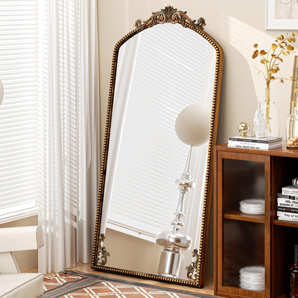 Gold Arched Full Length Mirror 71"×32", Large Traditional Vintage Baroque Inspired Floor Mirror, Ornate Antiqued