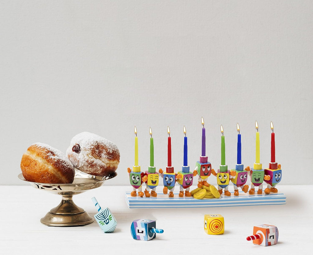 Hand Painted Resin Hanukkah - Theme Menorahs for Chanukah - Dancing Dreidels Chanukah for Kids