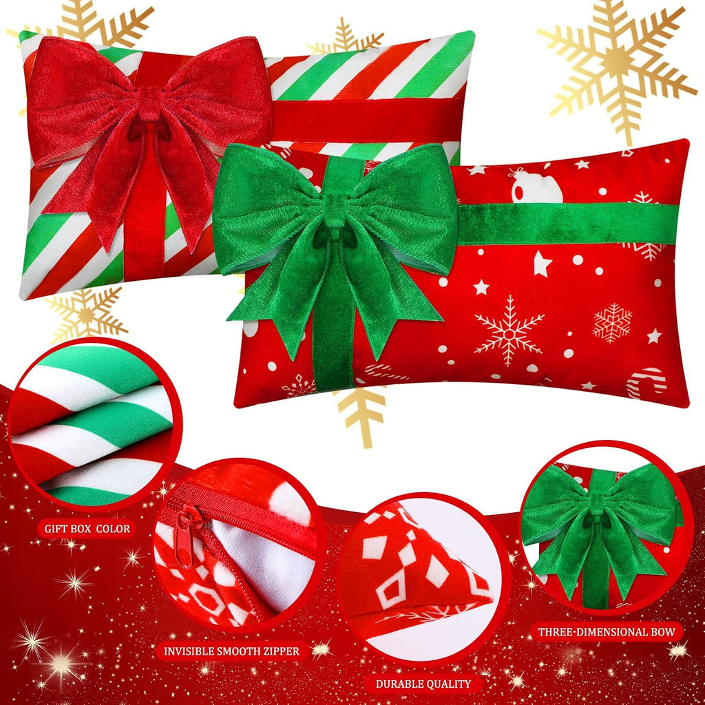 Christmas Pillow Covers 12 x 20 Inch Gift Box 3D Bows - Set of 4