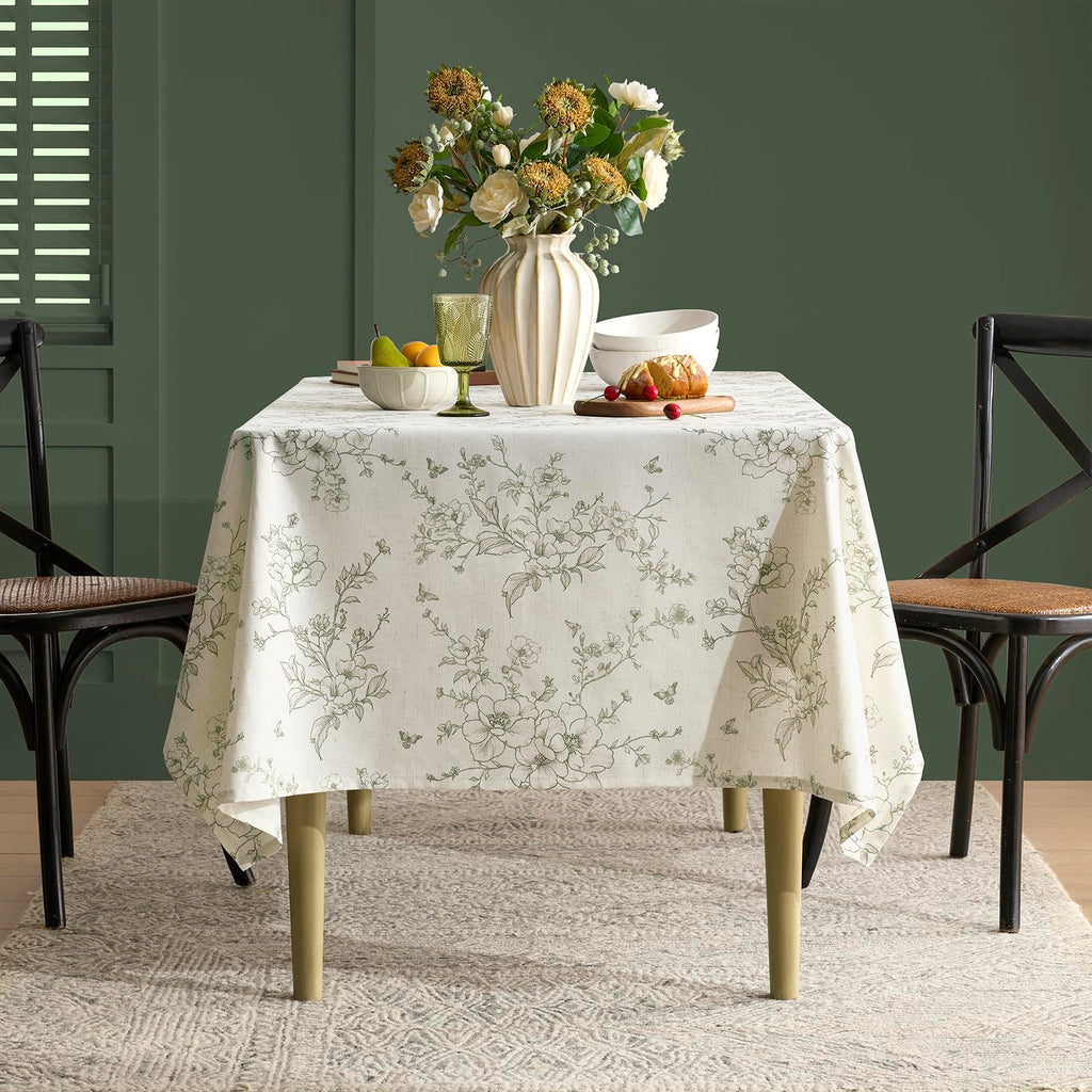 Green Floral Tablecloth Vintage French Rustic Linen Tablecloth Rectangular