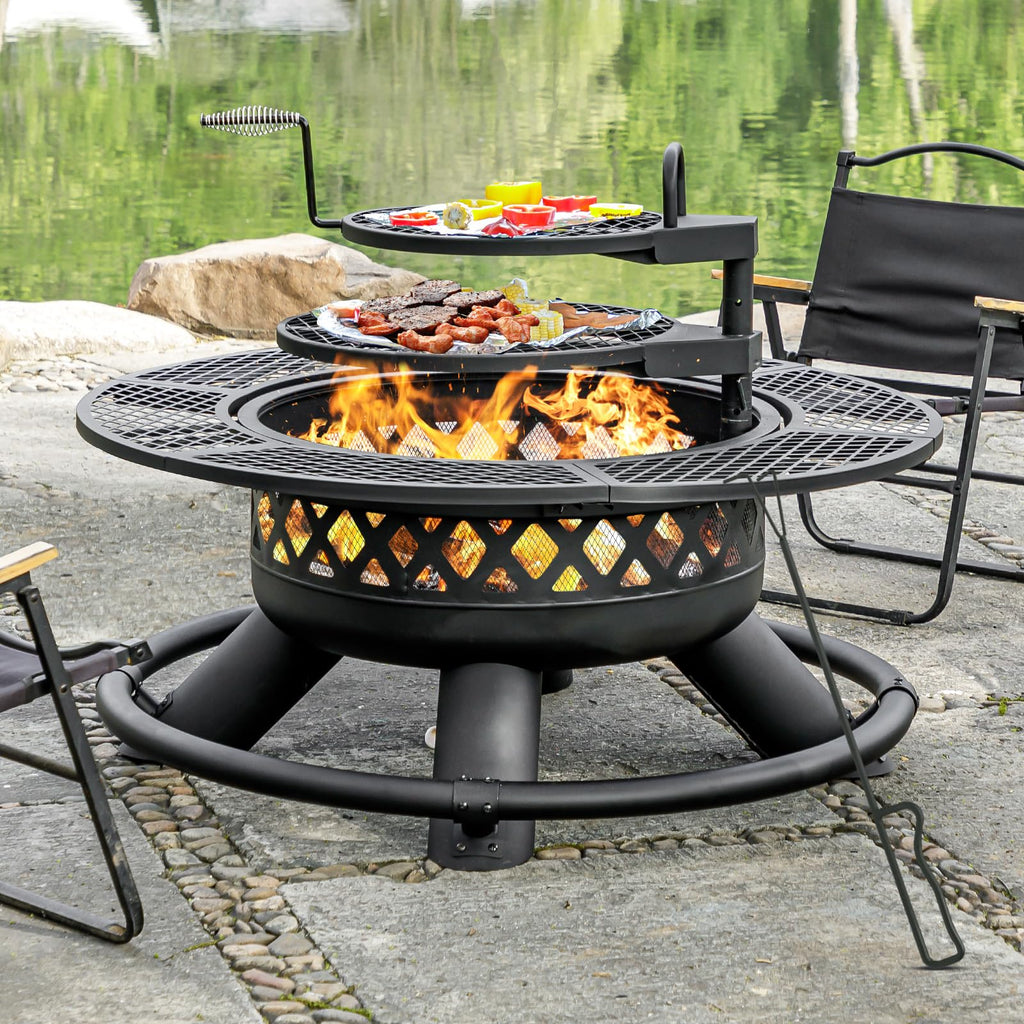 47 Inch Outdoor Wood Burning Fire Pit with 2 Grills Extra Large