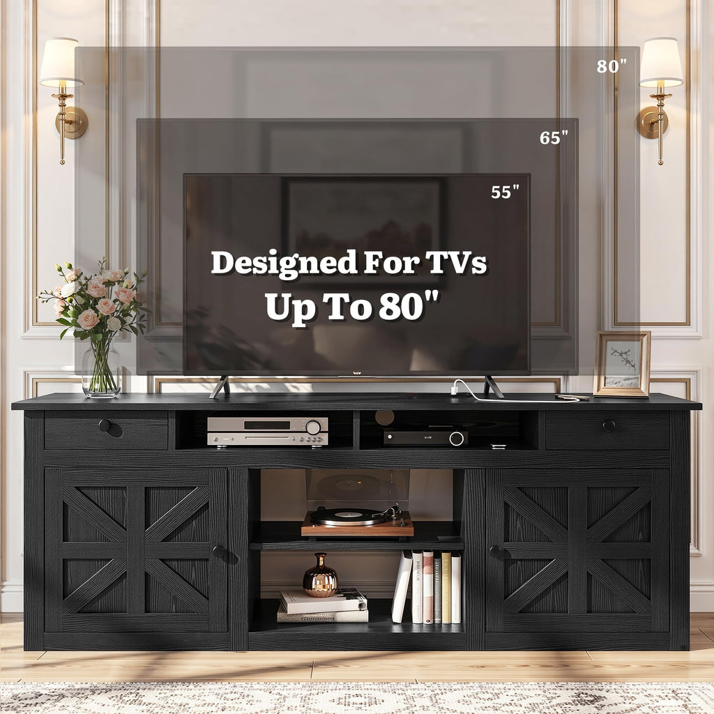 Farmhouse TV Stand with Power Outlet for 80 Inch TVs, Black