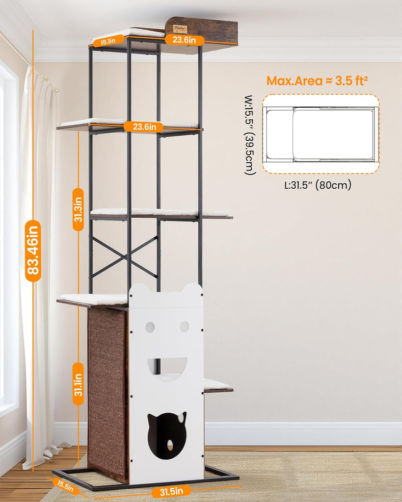 Wood Modern Cat Tree Tower, 84 Inch XL Tall Indoor Large Cat Condo