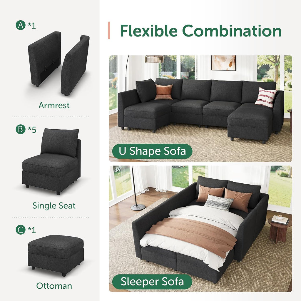 Modular Sectional Sofa L Shaped Sectional Couch with Storage, Convertible Couches - Linen Grey