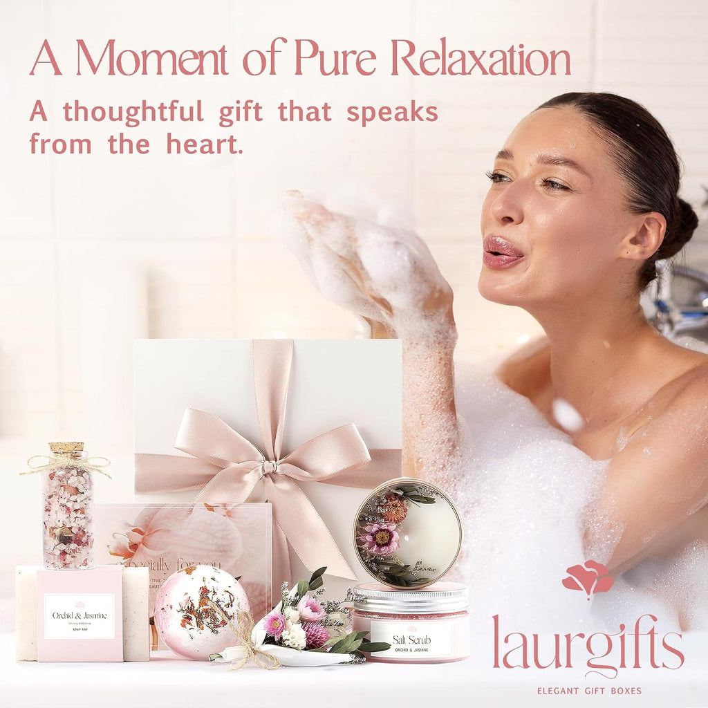 Birthday Gifts for Women - Orchid & Jasmine Spa Gift Basket, Luxury Candle Set & Bath Sets Care Box, Gift for Mom - Set of 6