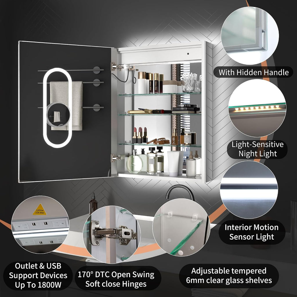 24 x 32 LED Lighted Medicine Cabinet with Mirror, Front & Backlit | Night Light, Clock & Temp Display, Defog, 5X