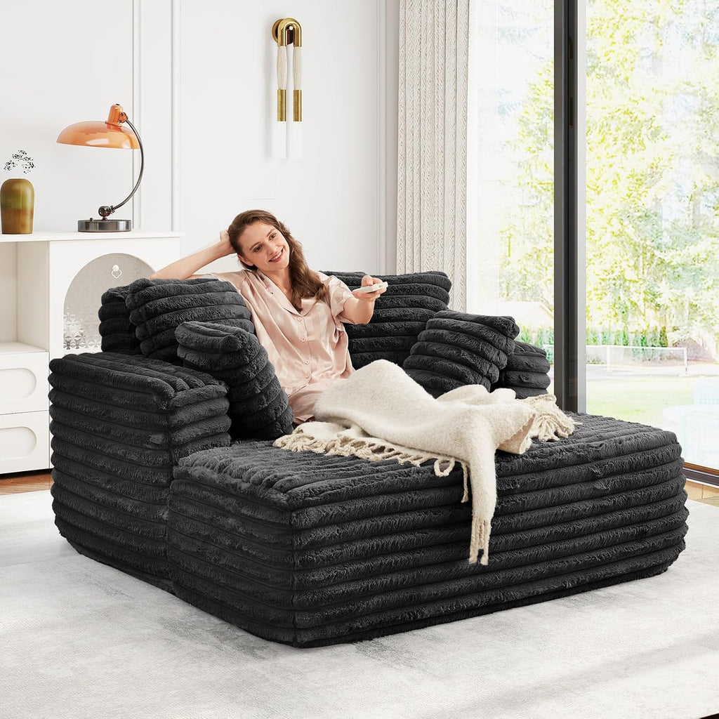 56" Oversized Chaise Lounge Chair Indoor,Plush Faux Fur Sleeper Sofa Couch Bed with Pillows&Wide Armrests,Fluffy