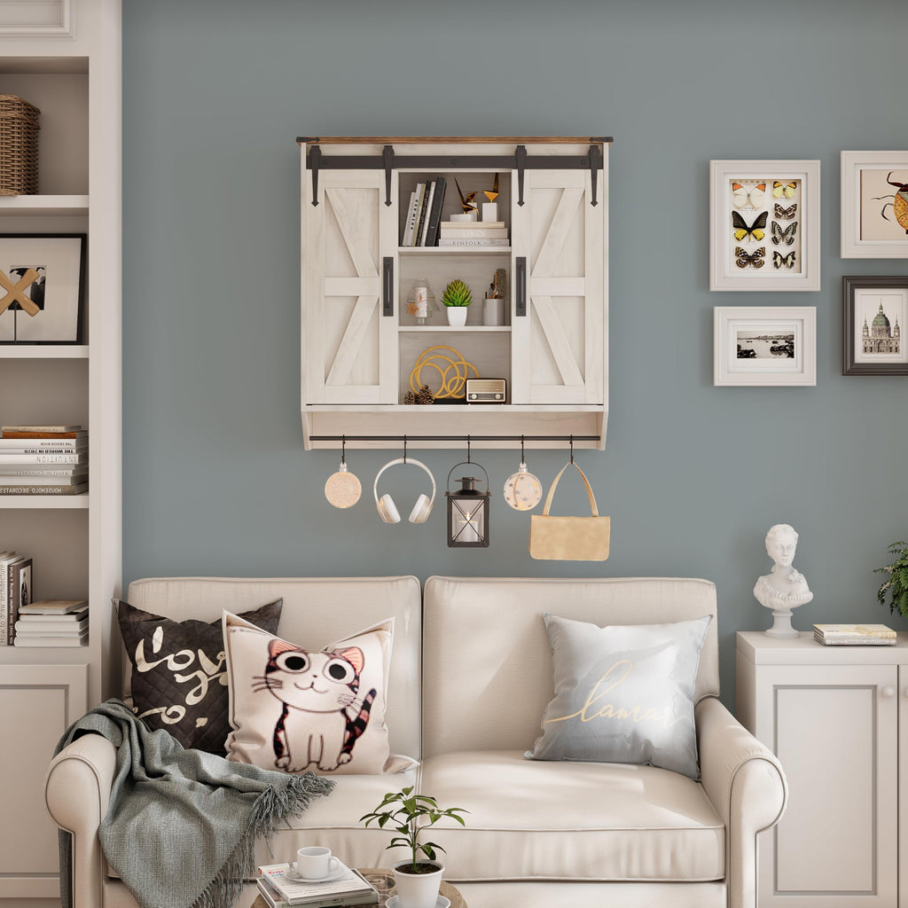 Farmhouse Medicine Cabinet 2 Sliding Barn Doors 3 Tier Rustic Wood Wall Storage Cabinet Adjustable Shelf Towel Bar