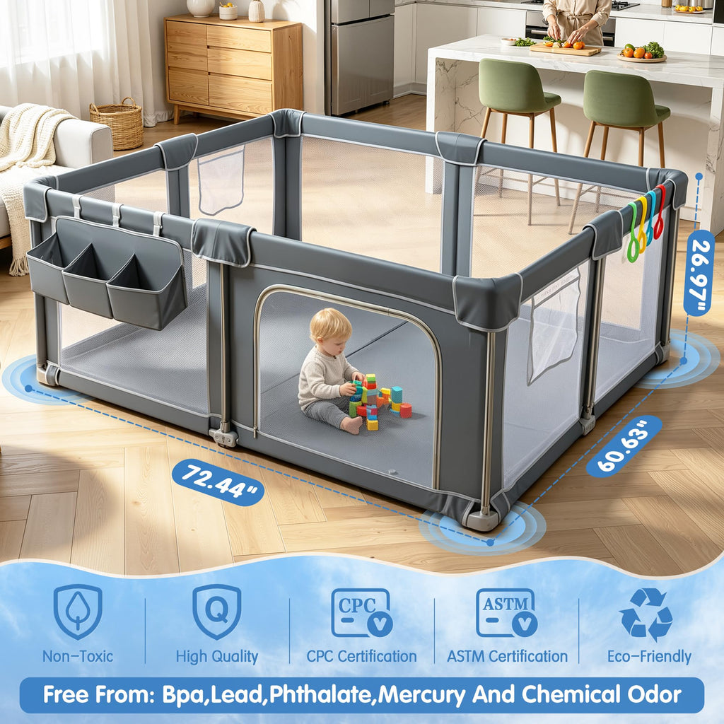 Foldable Baby Playpen 59x71 with Mat, Portable Play Yard