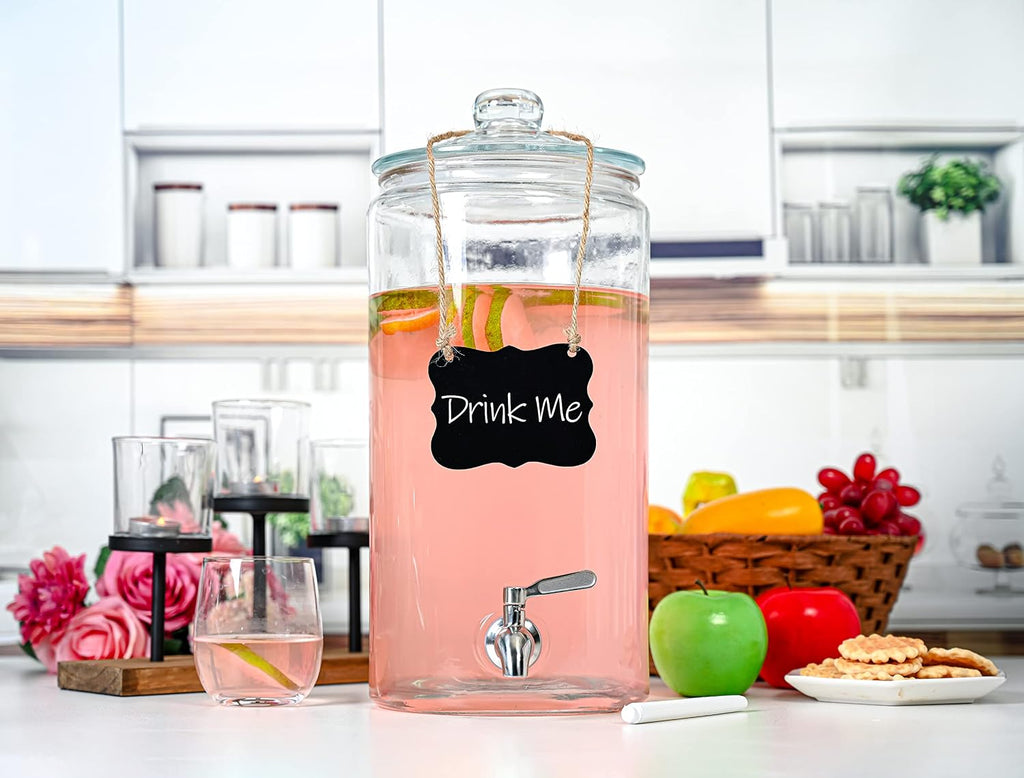 2 Gallon Beverage Serveware with Stainless Steel Spigot + Marker & Chalkboard 100% Leakproof Glass Drink Dispenser