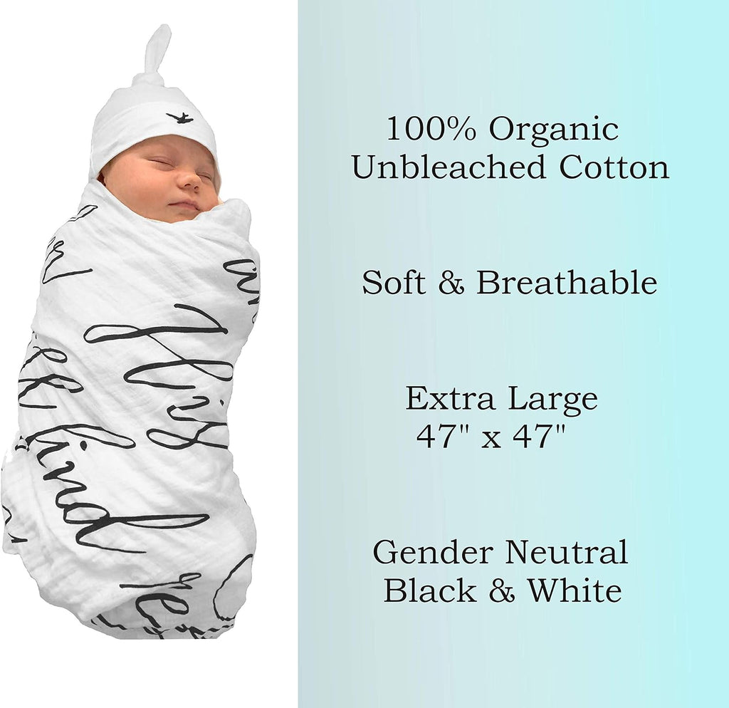 Muslin Swaddle & Bonus Baby Hat with Scripture Quote (Psalm 91) - 100% Organic Unbleached Cotton - Swaddle/Blanket is