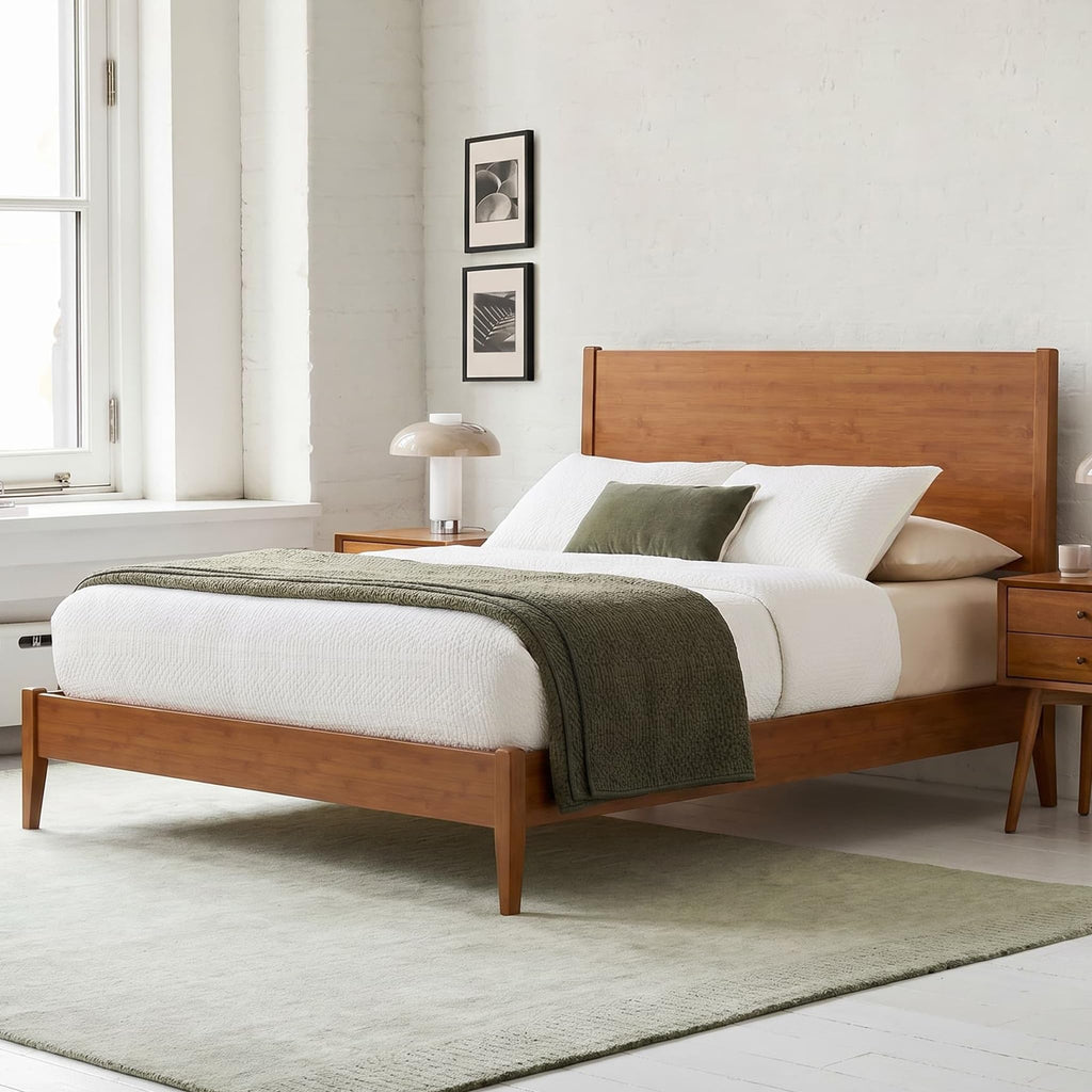 Queen Size Solid Wood Bamboo Bed Frame, Mid-Century Modern Sleigh Platform Bed Frame with 8.1"H Under-Bed Space, Wood