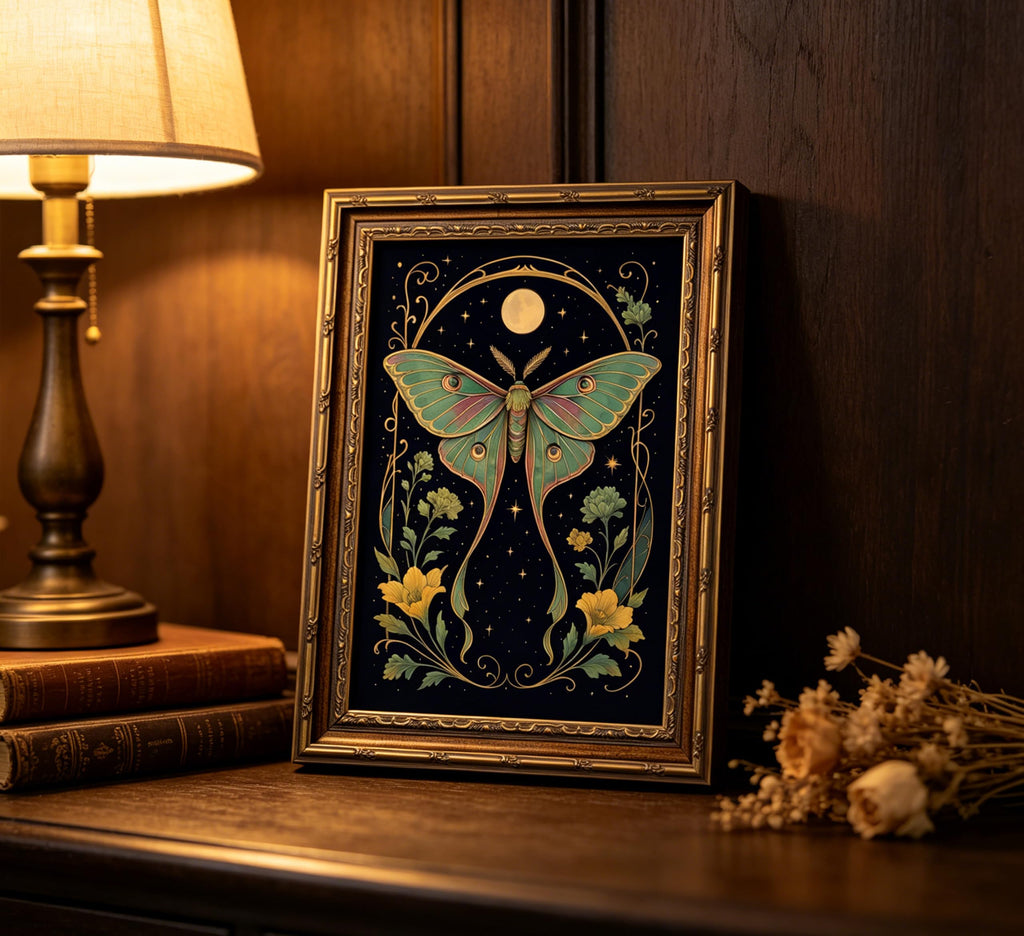 Vintage Gold Framed Dark Academy Luna Moth Wall Art, Celestial Moon Butterfly Flower Canvas Print Poster, Mystical