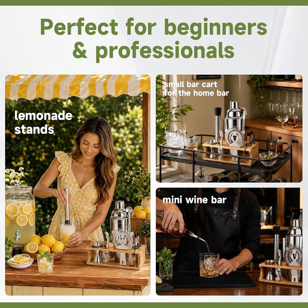 Stainless Steel Cocktail Shaker Set Bartender Kit with Stand - Set of 10