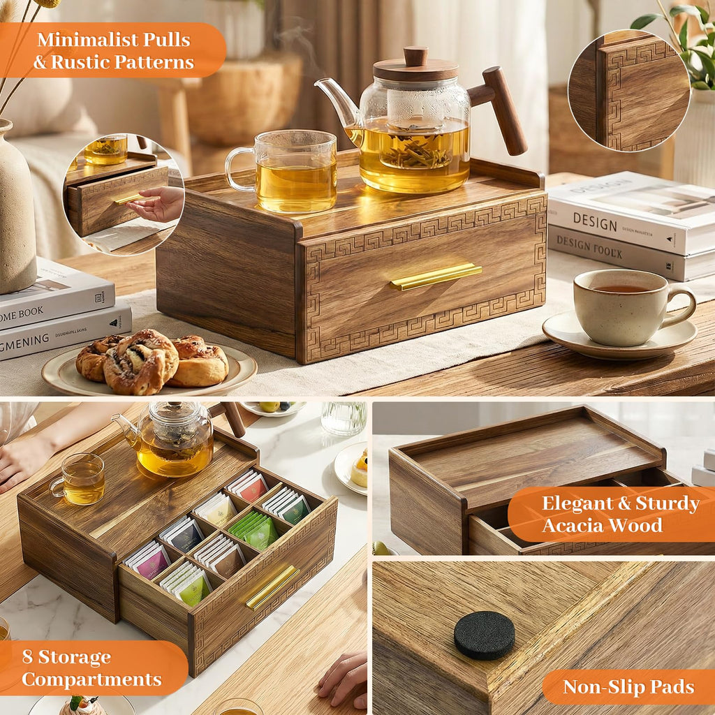 Acacia Wood Tea Bag Organizer with Storage Drawer | 8 Compartments Tea Caddy with Pattern Carving & 2 Ceramic