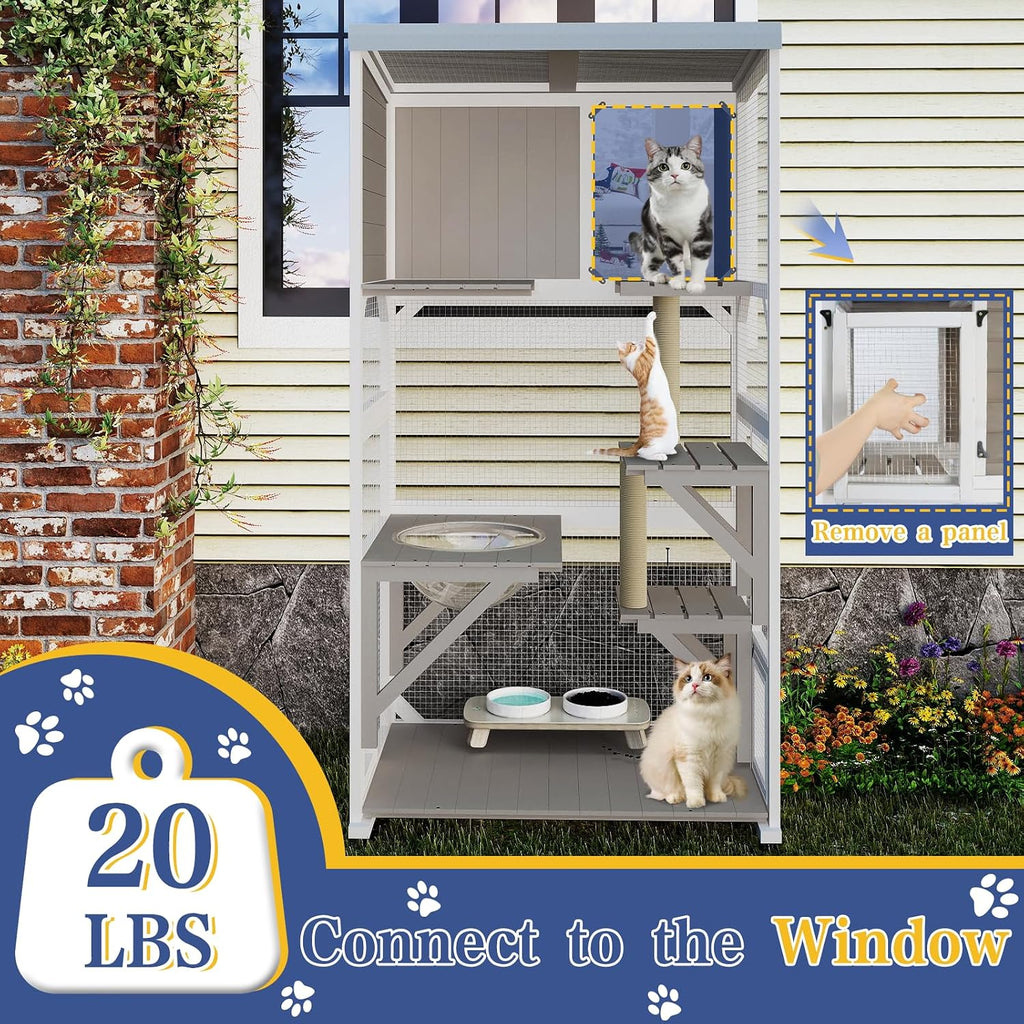 63.5" H Window Catio Outdoor Cat Enclosure with Wheels, Expandable Design