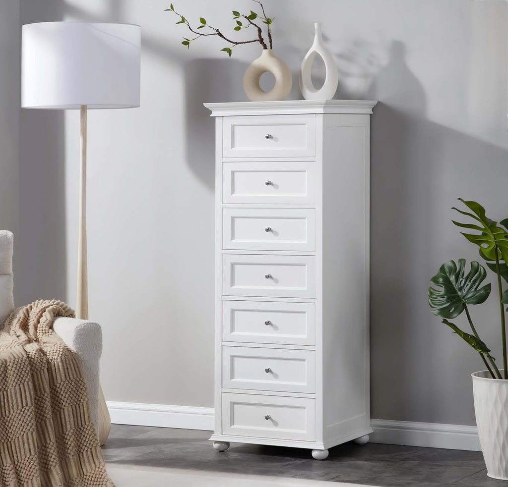 Tall White Dresser with 7 Drawers, 52" Tall Skinny Dresser | Modern White Tall Chest of Drawers Dresser,Wooden