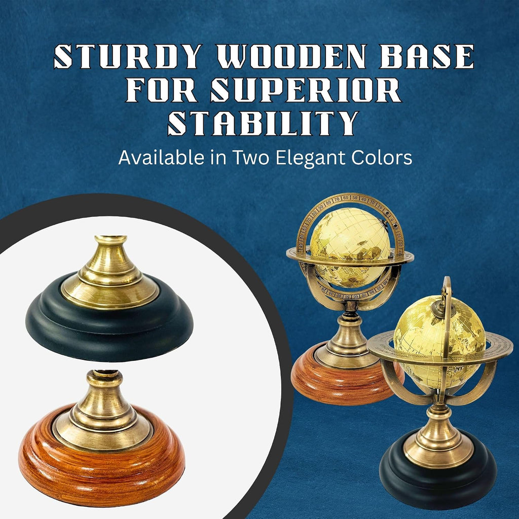 5.10" Nautical Brass Armillary Sphere World Globe with Light Lime Green Map, Natural Brown Wooden Base - Elegant