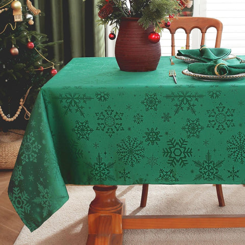 Christmas Green Tablecloth Rectangle, Jacquard Spill Proof Table Cloth with Snowflake Patterns, Dama