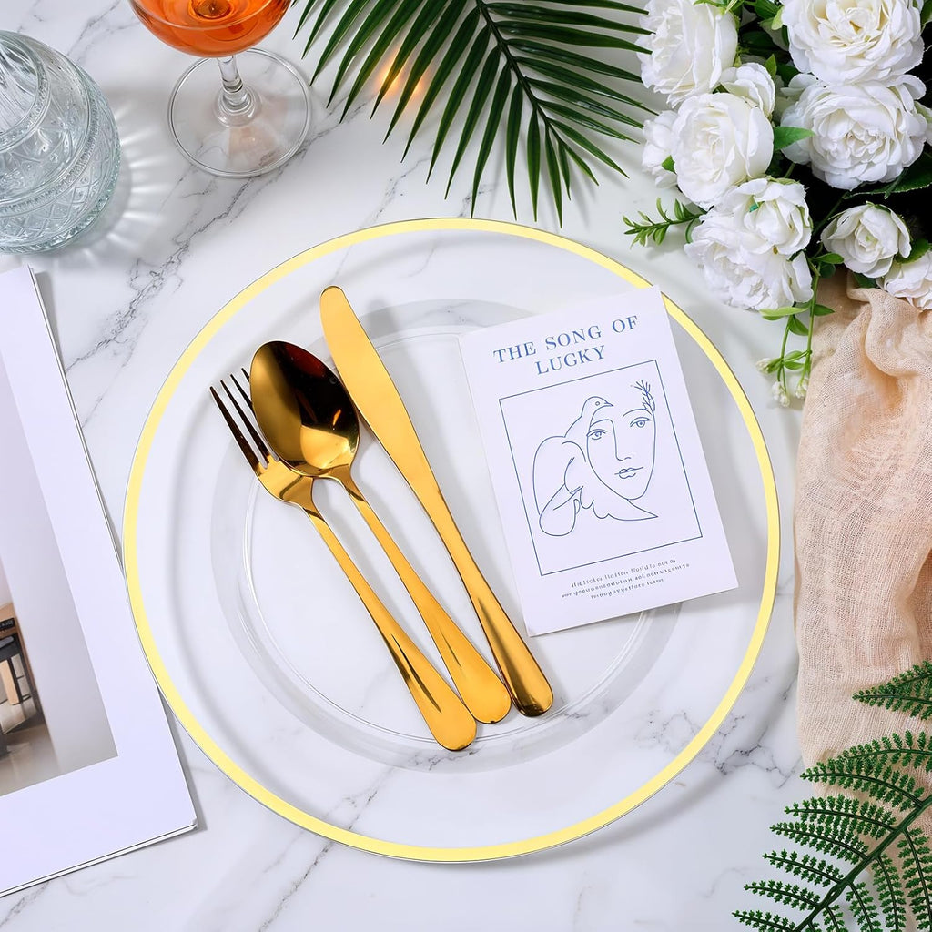 Inch Gold Charger Plates, Clear Charger Plates with Gold Trim, Disposable Plastic Charging Plate Bulk - Set of 25