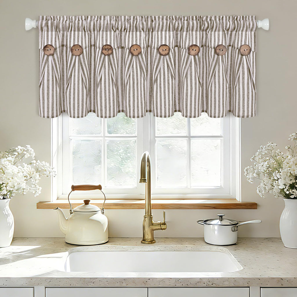 Farmhouse Valances for Windows, Cotton Linen Kitchen Curtains Valances with Rustic Buttons, Brown Striped Window