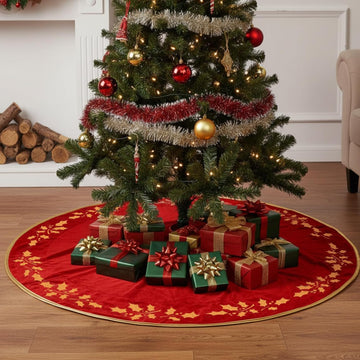 60 Inch Large Christmas Tree Skirt Classic Red Luxury Velvet Fur Skirts with Gold Embroidered Holly Leaf for Rustic