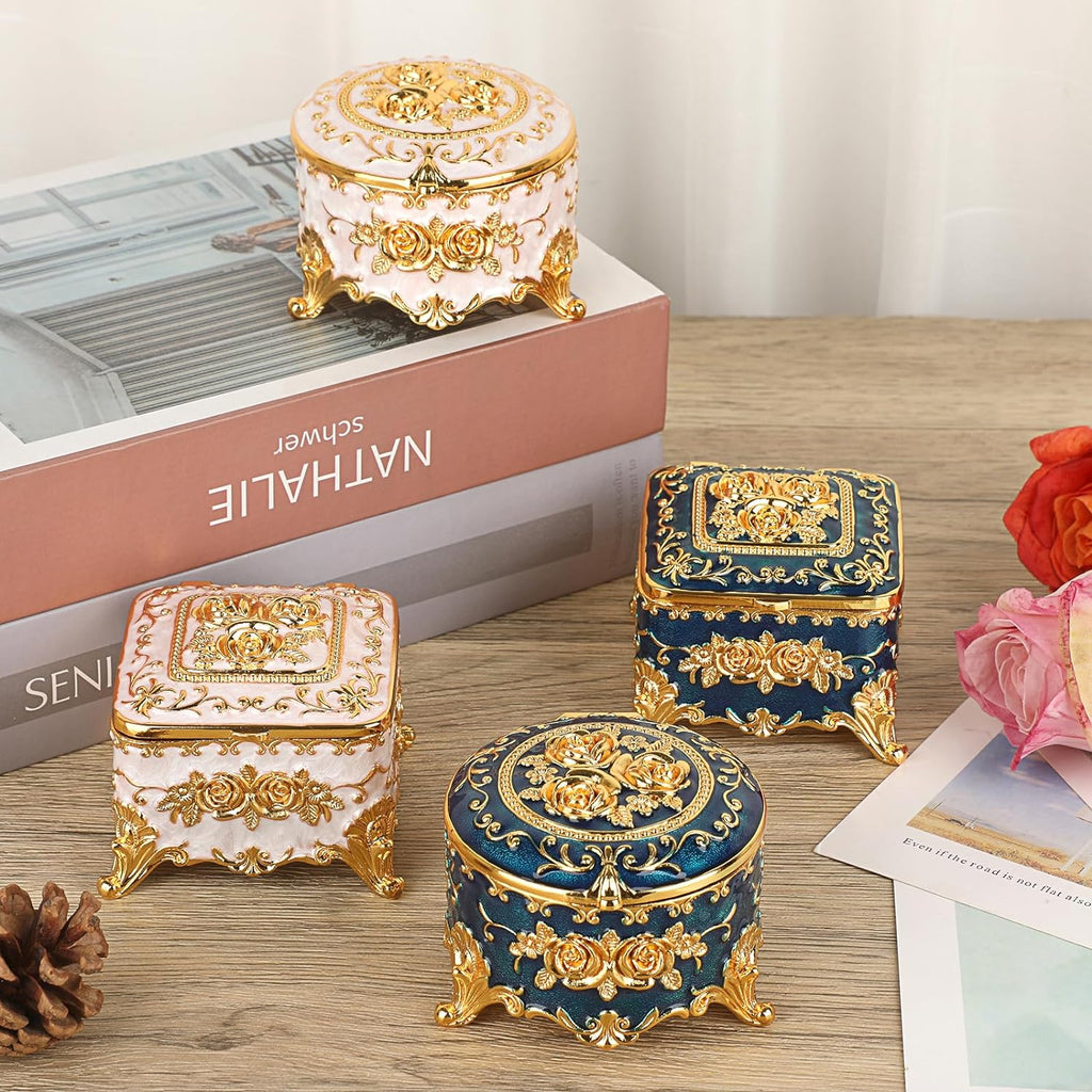 Vintage Round Jewelry Box Small Metal Trinket Storage Organizer