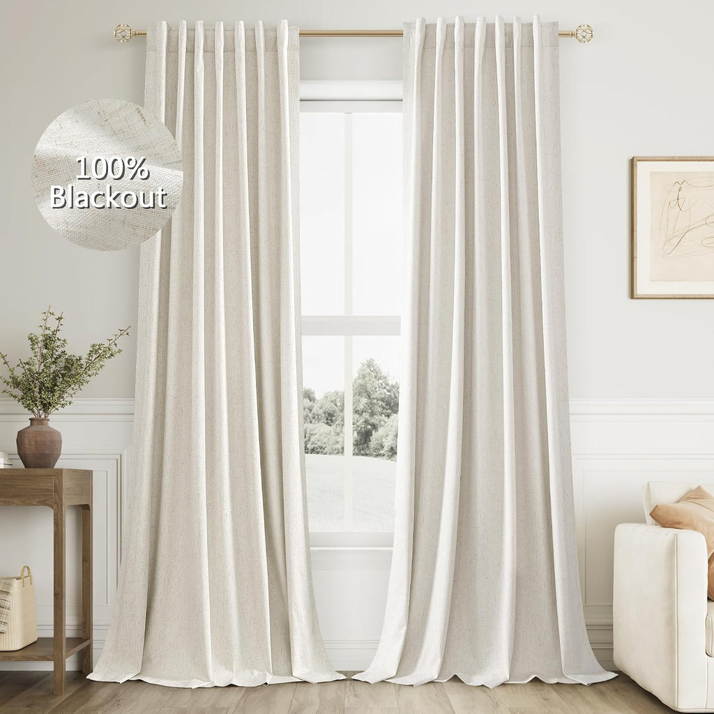 Cream 100% Blackout Linen Curtains 96 Inch Length Ceiling to Floor 2 Panels 8 FT for Living Room Bedroom Back Tab