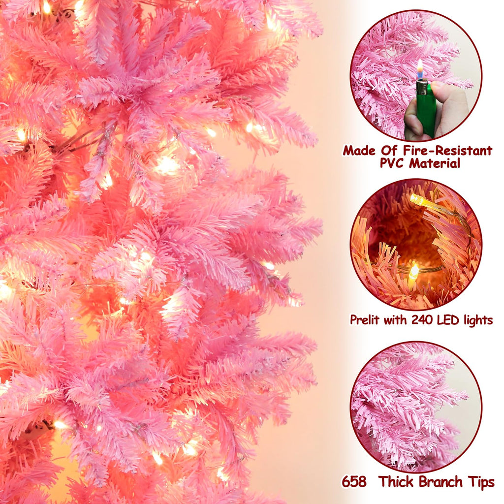 6Ft Prelit Artificial Slim Pink Christmas Tree, 240 LED Warm Lights