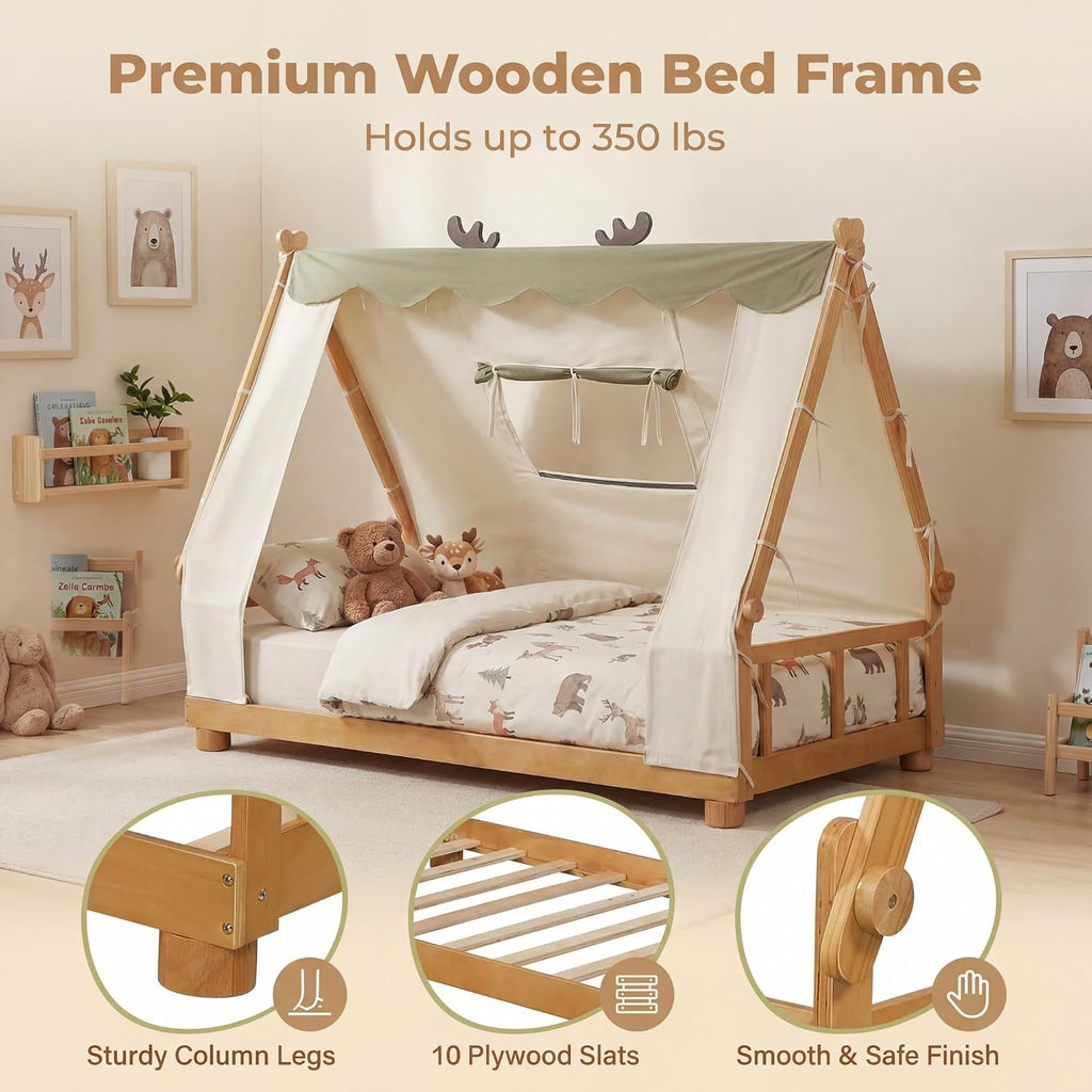 Twin Floor Bed for Kids, House Wood Bed Frame with Tent, Window, Fence Guard Rails, & Wooden Slat Support, No Box