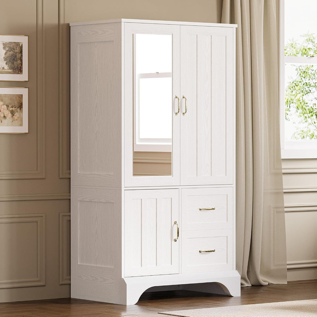 Armoire Wardrobe with Mirror, 3-Door Hanging Rod & Drawers | 3-door armoire with mirror. Hanging rod, 2 drawers, 4