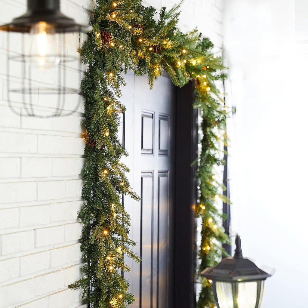 For Mantle, Prelit Greenery Garland Pine Cone Christmas Garland with Warm White LED Lights and Timer for Fireplace