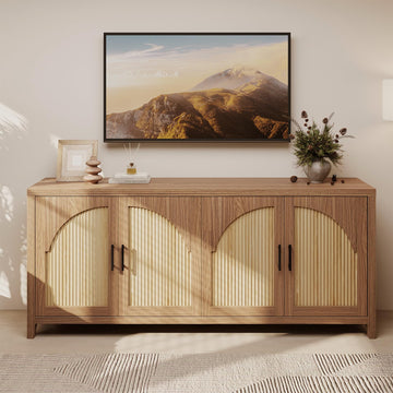 70" Sideboard Buffet Cabinet with Storage, Boho Credenza Storage Cabinet, Farmhouse Arch Fluted Doors & Adjustable