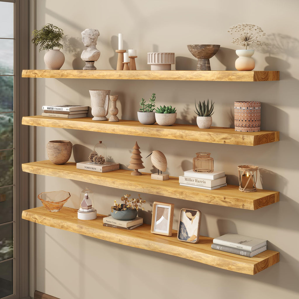 Live Edge Floating Shelves for Wall, 55 Inch Solid Elm Wood Shelves