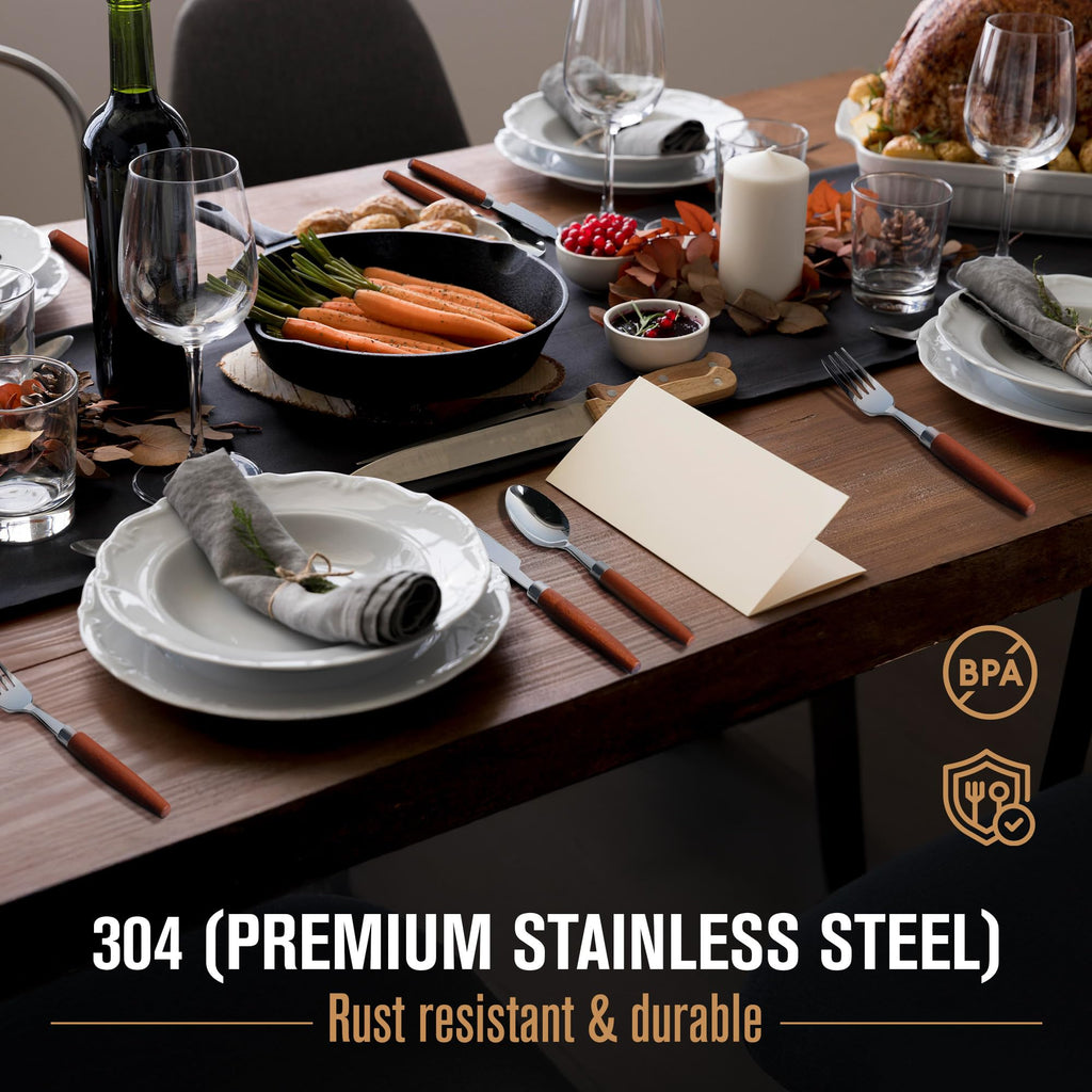 Wood Handle Silverware Set for 4, 16-Piece Stainless Steel Flatware