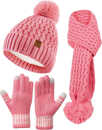 Kids Winter Hat Gloves Scarf Set, Girls Boys Toddler Winter Hat Beanie Pom Knitted Scarves Mittens Fleece Lined Age