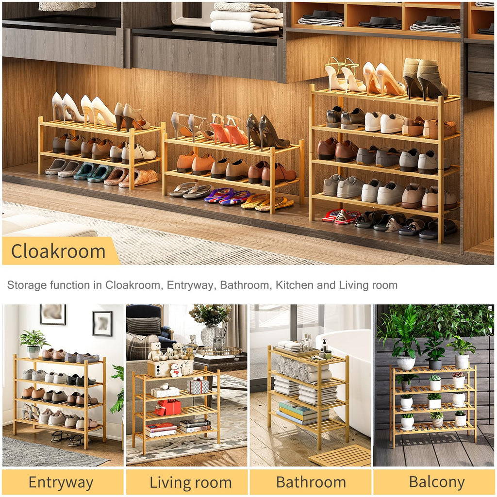 4-Tier Bamboo Shoe Rack, Stackable | Heavy Duty | Multi-Function, Free Standing Shoe Racks Hallway Closet