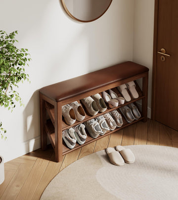 Rubberwood Shoe Bench with Leather Cushion and Slanted Shelves