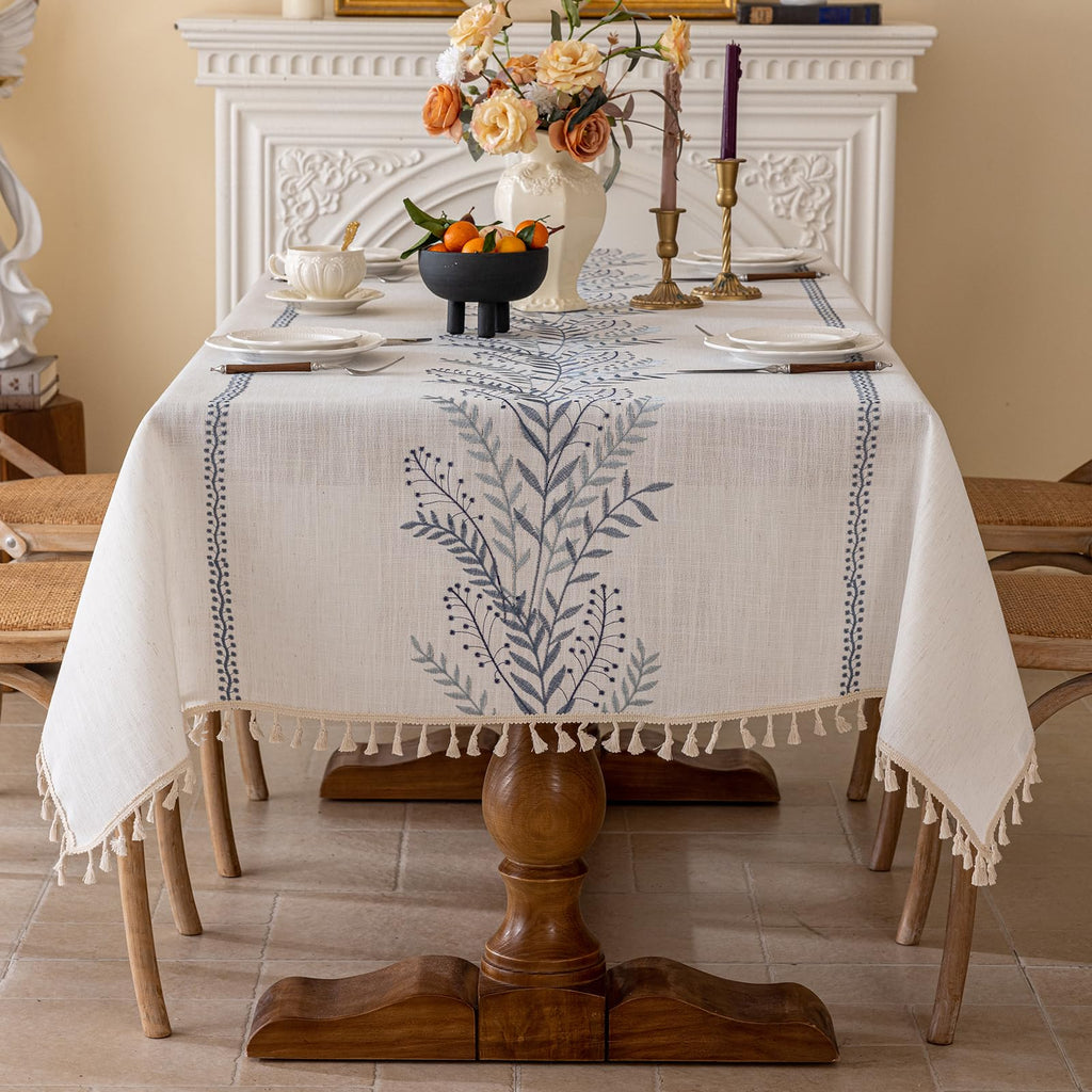 Rustic Waterproof Linen Tablecloth, Heavy Weight Fern Embroidery Table Cloths for Rectangle Tables, Farmhouse